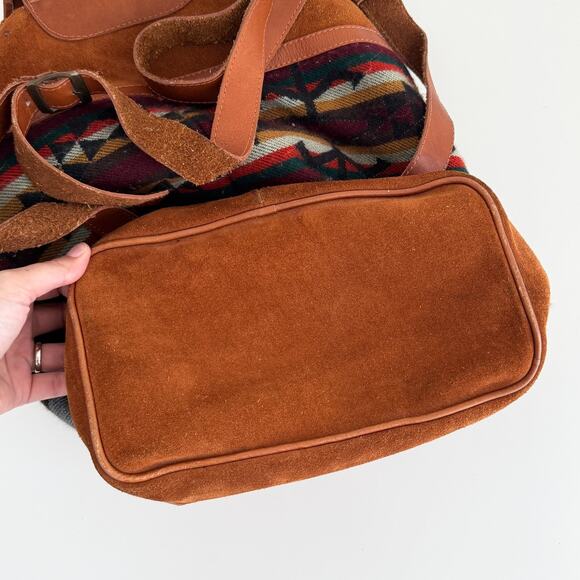 Vintage Suede Leather Woven Backpack Handmade Southwestern Navajo Aztec Tapestry main image 4